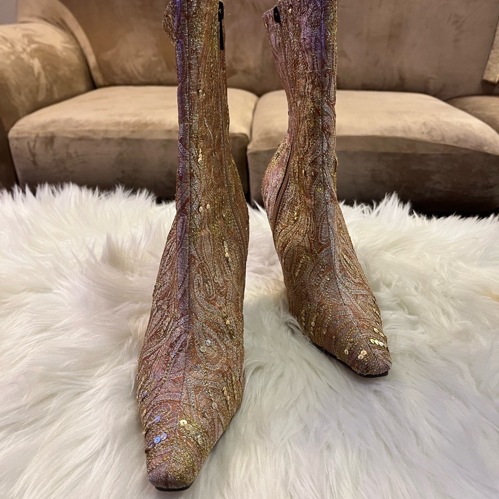 Y2K Gold and Cream Sequin Embroidered Heeled Boots - Picture 2 of 5